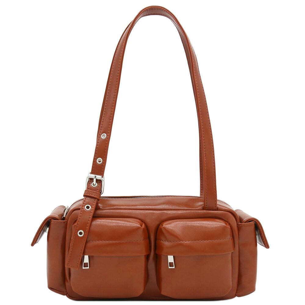 4363 PU Leather Multiple Cargo Pockets Shoulder Bag Satchel Dark Tan - Picture 3 of 6